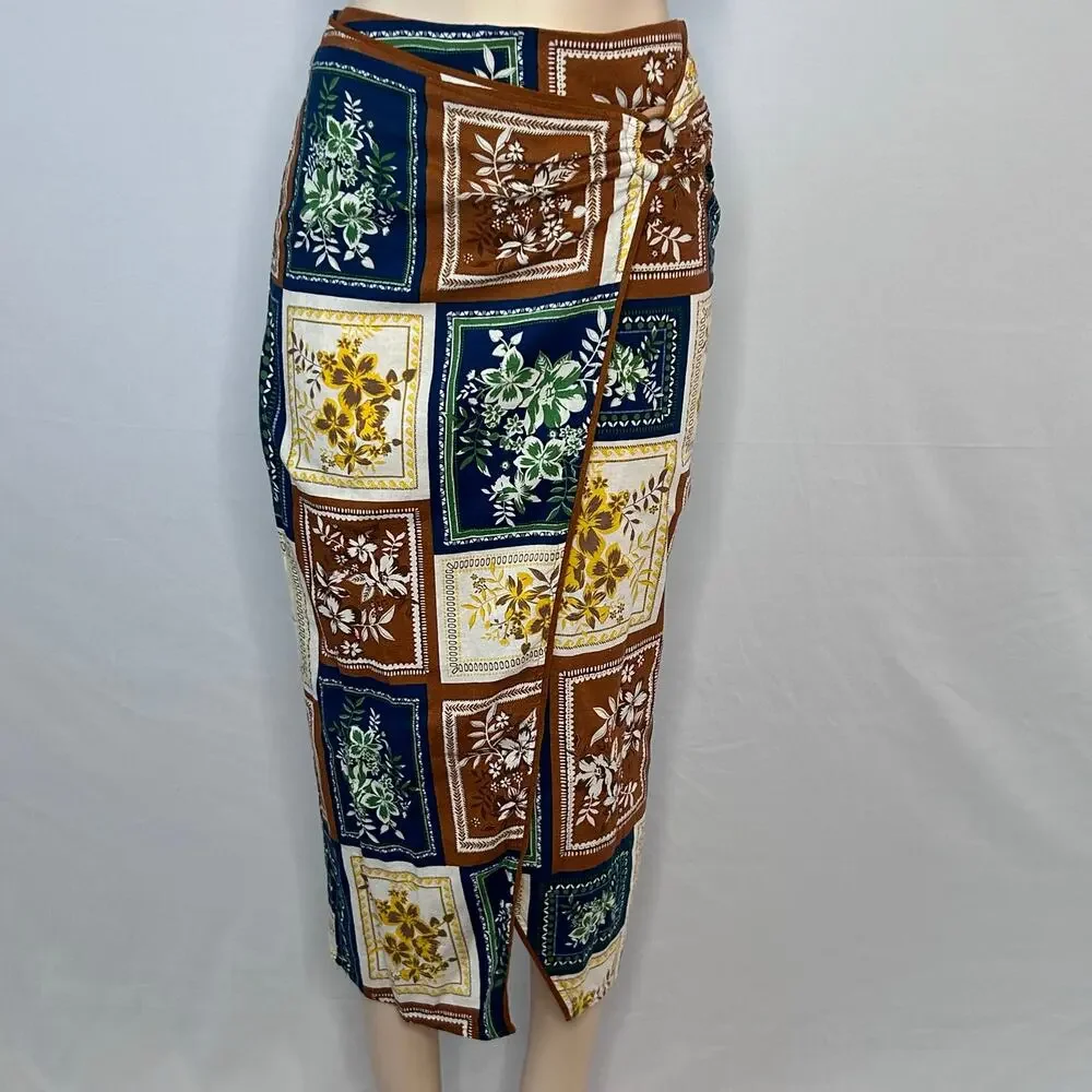 Y2K Linen Blend Scarf Print Sarong Wrap Midi Skirt Boho Coastal Small